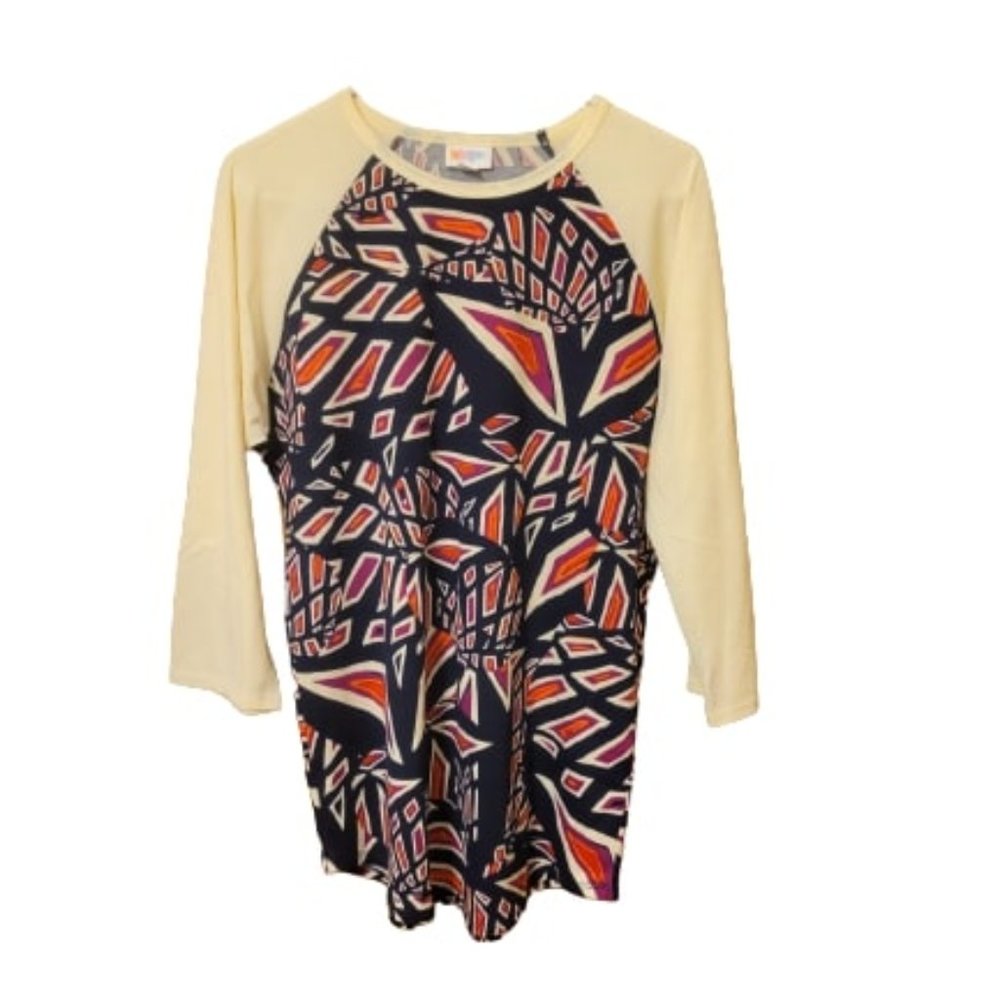 LuLaRoe Orange, Black, Cream Geometric Pattern Randy Mid-Sleeved Shirt Size L